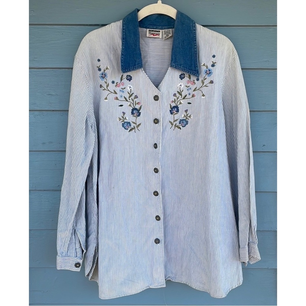 Striped Floral Embroidered Button-Down Top